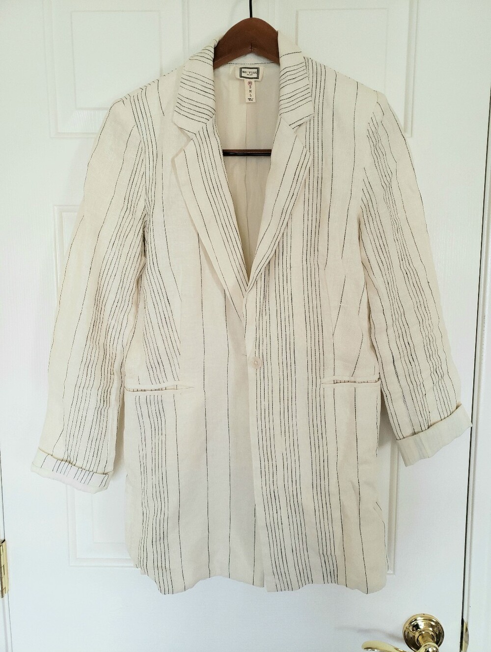 Relaxed Fit Cream and Black Striped 100% Linen Blazer